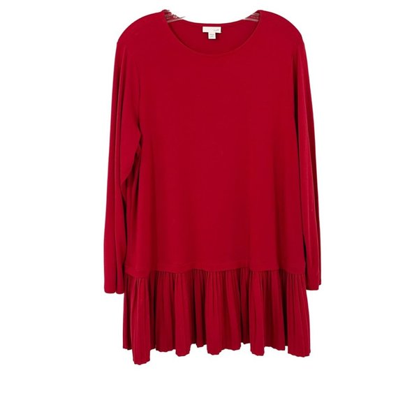 J. Jill Red Pleated Hem Long Sleeve Shirt Crewneck Slit Hem - Size 1X - Picture 1 of 6